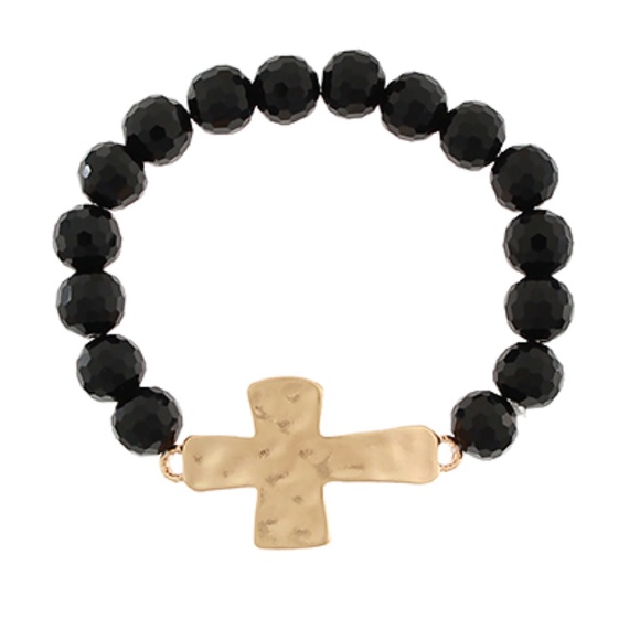 Hammered Cross Glass Bead Bracelet - Picture 2 of 2